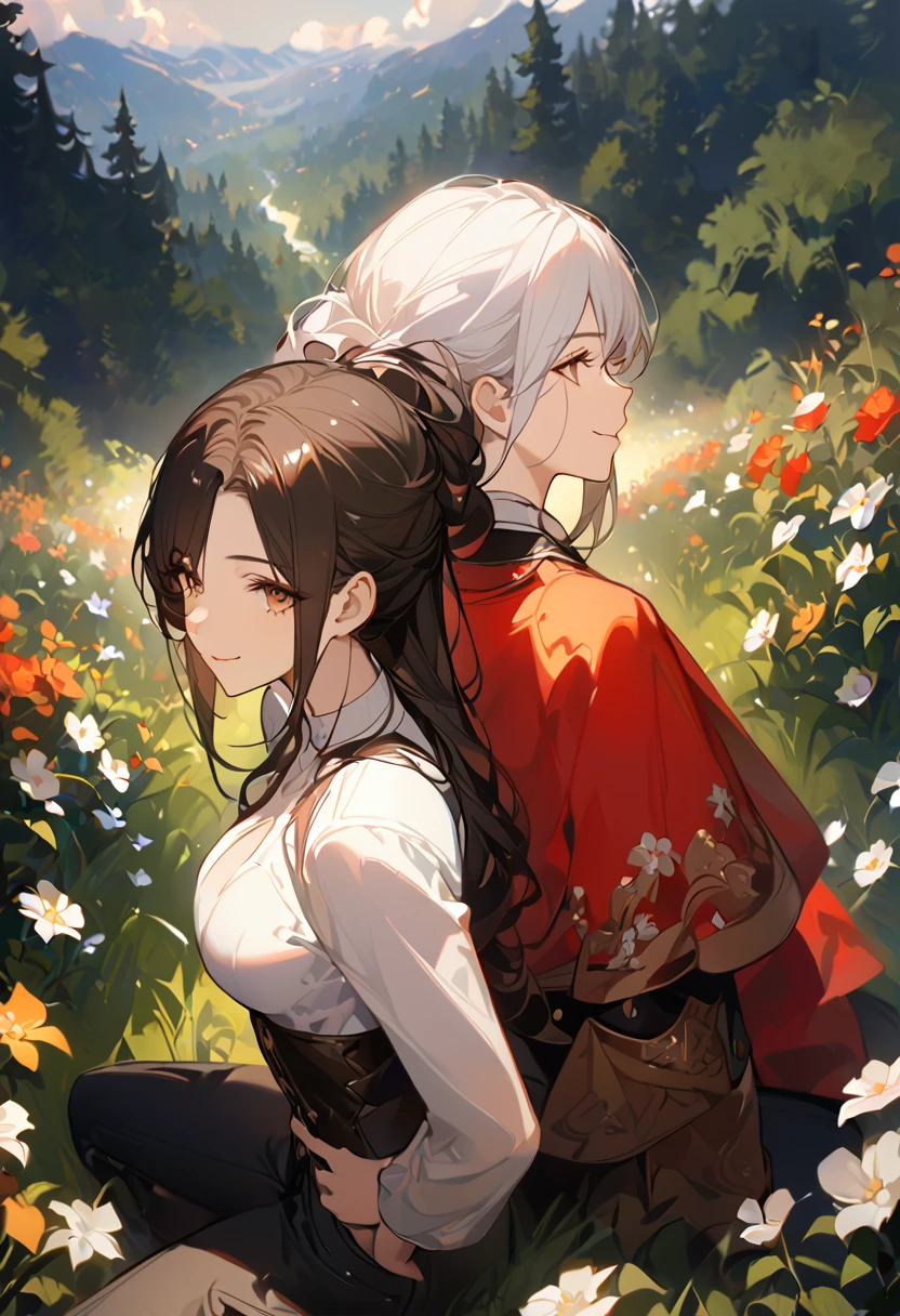 masterpiece, 2 female, back to back, backing each other, backing, dark brown hair, long hair, brown eyes, smiling gently, look away, white shirt, shirt by the shoulder, leather corset, black long pants, sitting, 1 female on the background, white long hair on the background, black clothes with red cape, face slightly facing up, flower field, forest background, camera pov from above slightly to the side, only showing black hair female face, white hair female on the back, 8k ,4k , best quality, high quality, masterpiece, embroidery clothes, big chest, all kind of hairstyle, inspired by Asukaziye artist : ask, art style : ask
