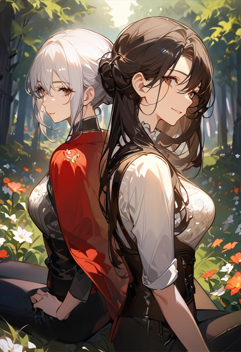masterpiece, 2 female, back to back, backing each other, backing, dark brown hair, long hair, brown eyes, smiling gently, look away, white shirt, shirt by the shoulder, leather corset, black long pants, sitting, 1 female on the background, white long hair on the background, black clothes with red cape, face slightly facing up, flower field, forest background, camera pov from above slightly to the side, only showing black hair female face, white hair female on the back, 8k ,4k , best quality, high quality, masterpiece, embroidery clothes, big chest, all kind of hairstyle, inspired by Asukaziye artist : ask, art style : ask