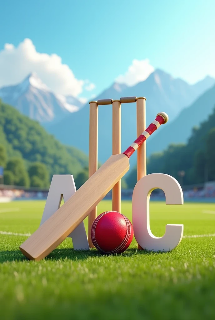 Create a picture of a cricket ground with mountains behind and only stumps bat and ball in the ground and written colourfull A T C in 3D on the ground pitch 
