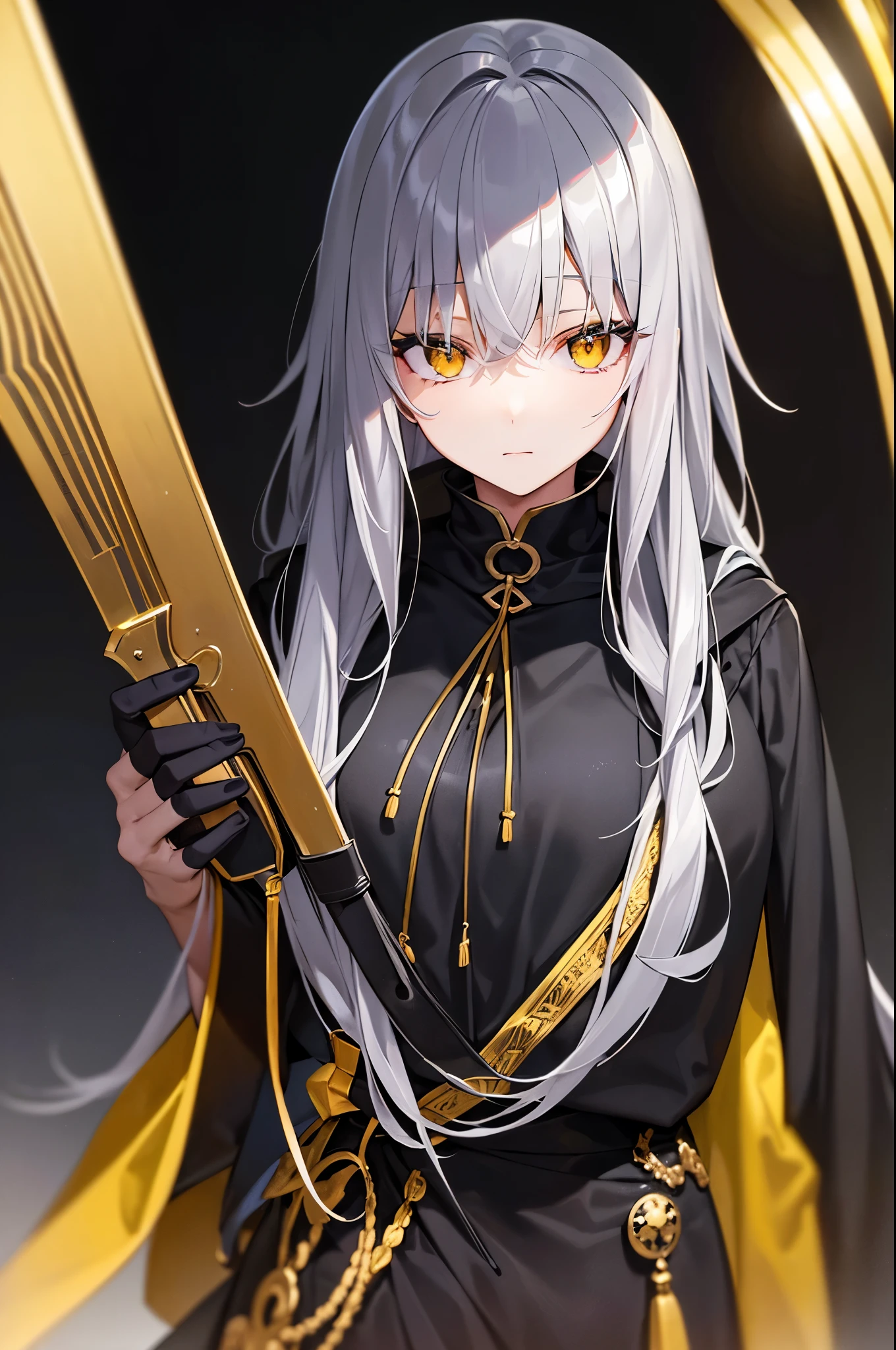 beauty，8k，Pitch Black，Gray Hair，Black Robe，Black hood，Detailed yellow eyes，holding a bloody knife in one&#39;s hand，Grin，Crazy Smile，Emotionless eyes，Blood on the cheek，Point the knife towards me.，ass pov