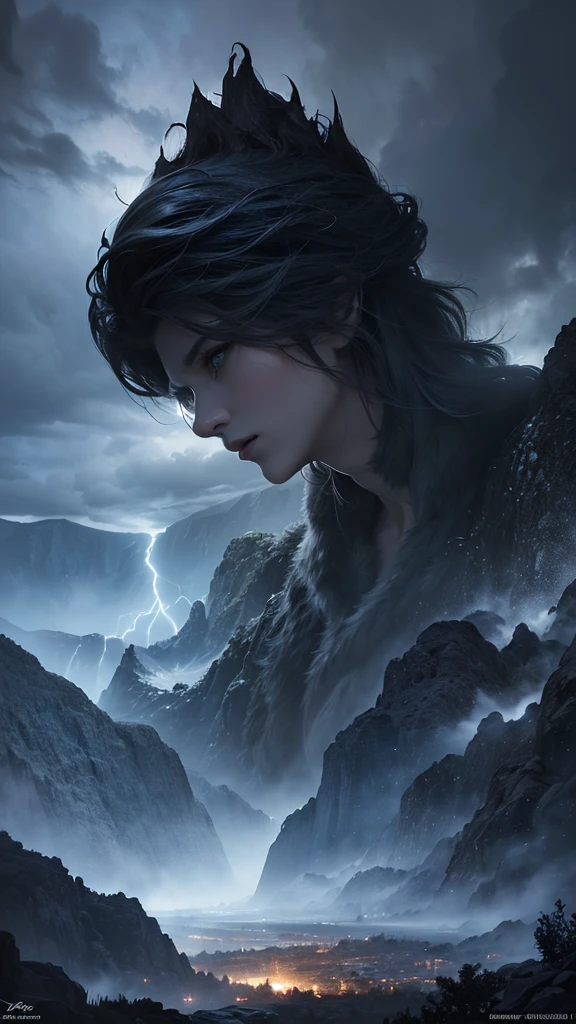 (vue of haut en bas:0.9) of (of a detailed mountainous terrain during a stormy weather with a solitary sorcerer casting a , (darkness, Spectacular lighting) (Hyperrealistic digital painting . (grand epic plan: (head of'artwork, Stunning, high resolution:1.2), (High contrast, Spectacular, striking, percussive (fantasy art)