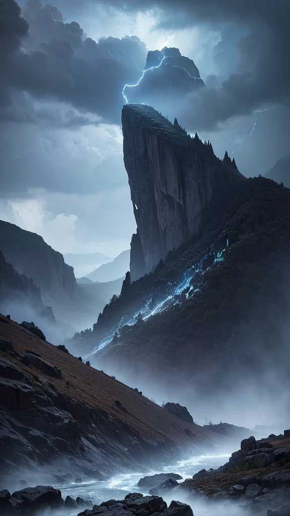 (vue of haut en bas:0.9) of (of a detailed mountainous terrain during a stormy weather with a solitary sorcerer casting a , (darkness, Spectacular lighting) (Hyperrealistic digital painting . (grand epic plan: (head of'artwork, Stunning, high resolution:1.2), (High contrast, Spectacular, striking, percussive (fantasy art)