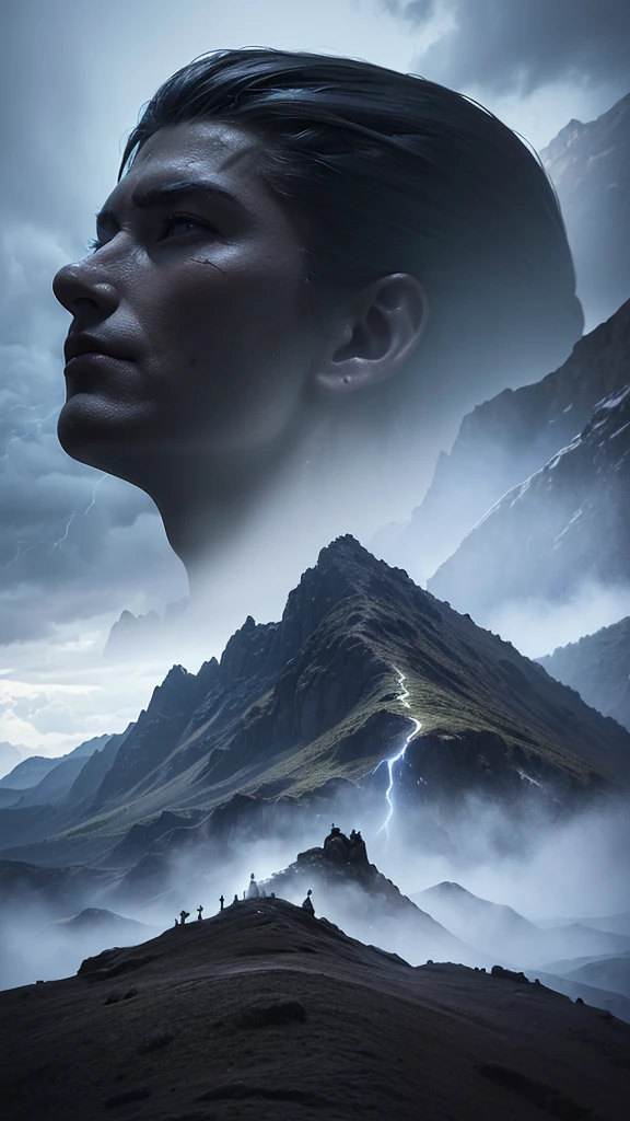 (vue of haut en bas:0.9) of (of a detailed mountainous terrain during a stormy weather with a solitary sorcerer casting a , (darkness, Spectacular lighting) (Hyperrealistic digital painting . (grand epic plan: (head of'artwork, Stunning, high resolution:1.2), (High contrast, Spectacular, striking, percussive (fantasy art)