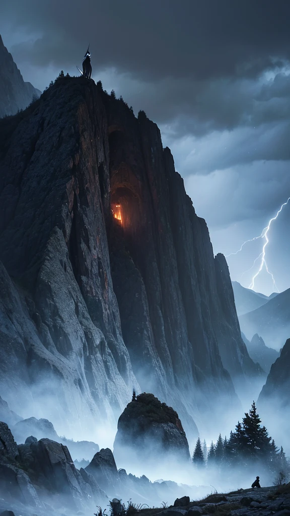 (vue of haut en bas:0.9) of (of a detailed mountainous terrain during a stormy weather with a solitary sorcerer casting a , (darkness, Spectacular lighting) (Hyperrealistic digital painting . (grand epic plan: (head of'artwork, Stunning, high resolution:1.2), (High contrast, Spectacular, striking, percussive (fantasy art)