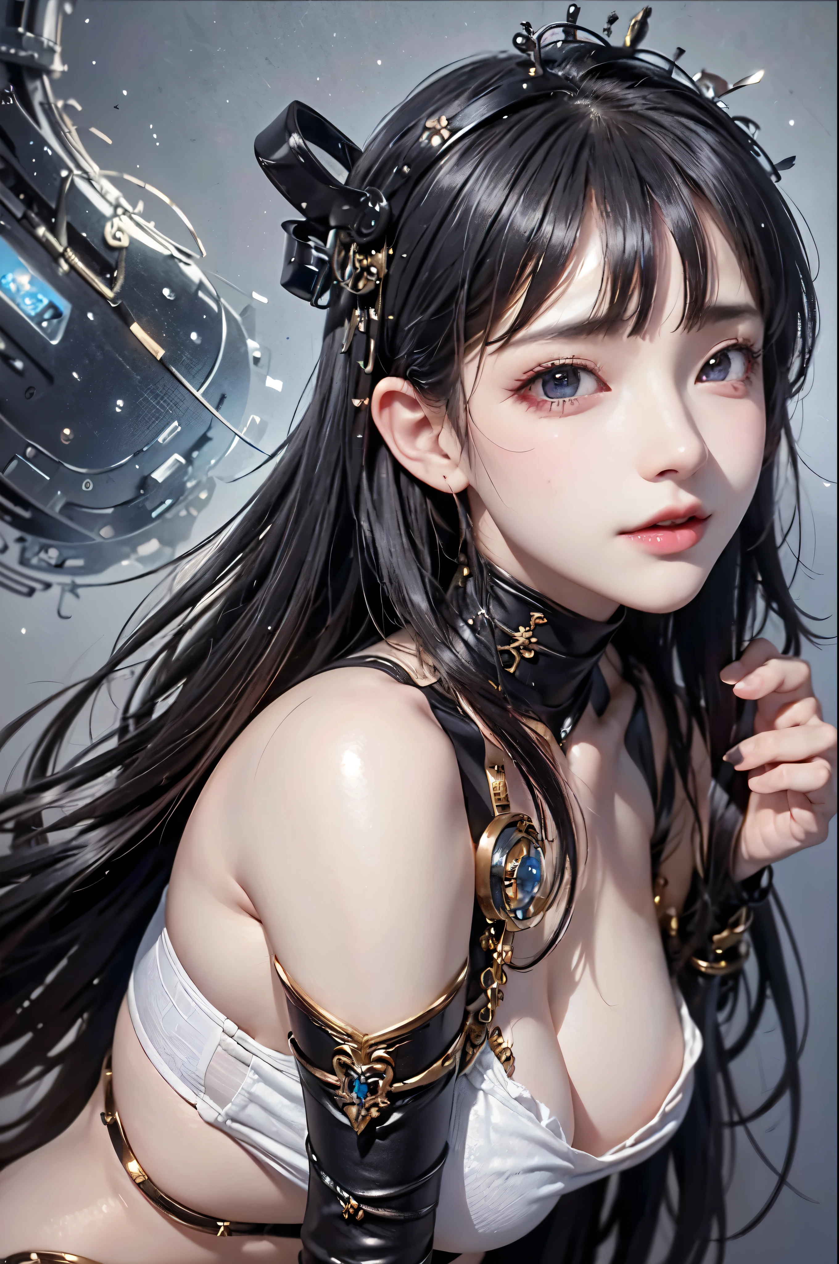 NSFW,((top quality、8k、masterpiece:1.3))Wears a silver-white mech，girl with delicate face，Highest image quality，Ultra-clear，Delicate and clear facial features，end of the world，Mechanical arm，Exquisitely detailed mechanical pattern,Cyberpunk characters、numbercity、number、century、throne、(((Completely naked)))