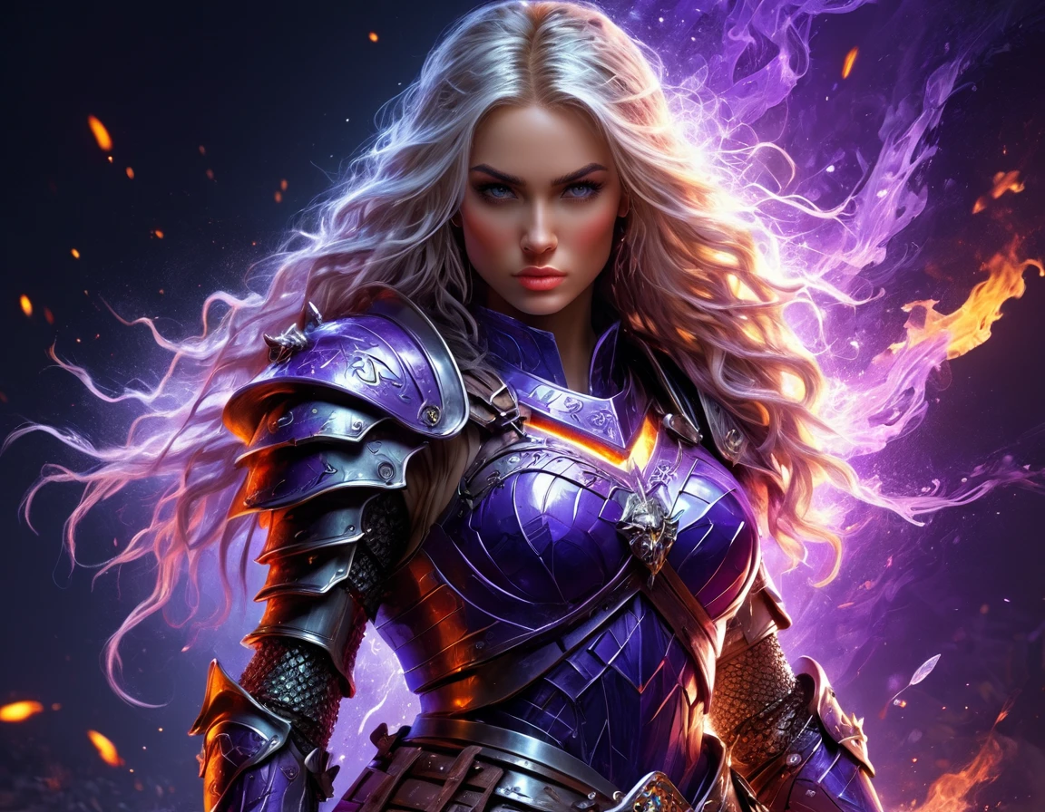 a beautiful female knight ready for battle, stands near her  loyal car, a mature female paladin knight, holy warrior, ((full body: 1.5)), ((anatomically correct: 1.5)), (ultra detailed face: 1.2), looking tense, looking dangerous, dynamic eye color, dynamic hair color, dynamic hair style dynamic skin complexion, holding a radiant sword, holy sword, divine sword, wearing intricate armor, wearing high heeled boots, BREAK standing near her car, divine car, magical car, ready to battle car, car wreathed in flames, holy intricate runes, slick car,  vibrant, Ultra-high resolution, High Contrast, (masterpiece:1.5), highest quality, Best aesthetics), best details, best quality, highres, 16k, (ultra detailed: 1.5), masterpiece, best quality, (extremely detailed) RAW, (ultra details, Masterpiece, best quality), Cinematic Hollywood Film, GlowingRunesAI_purple, faize