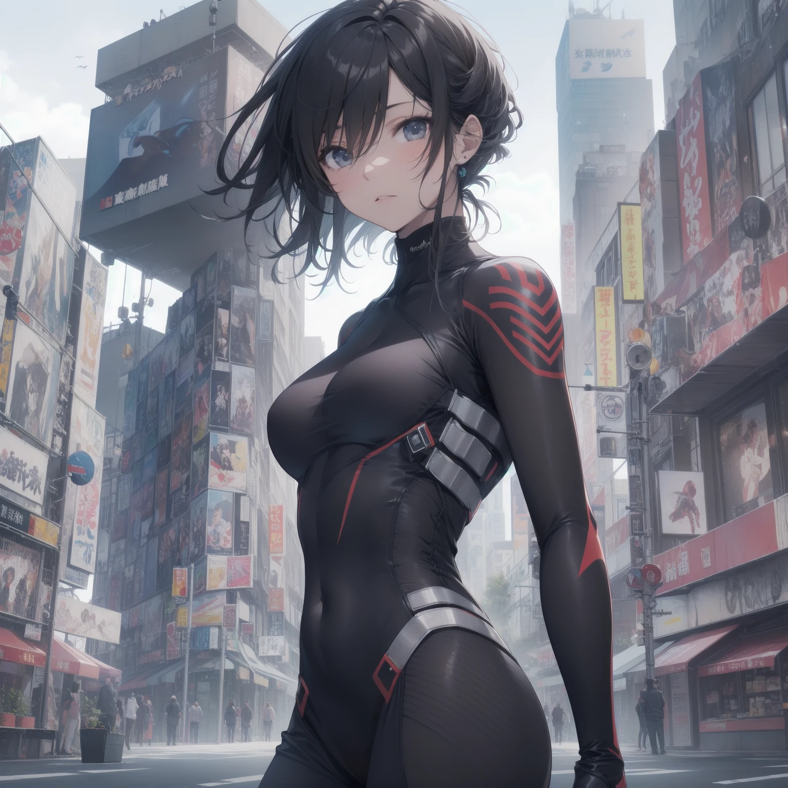 ultra-absurdres-Top quality by artist God, ultra-detailed, high resolution, anime moe artstyle, best anime 8k konachan wallpaper, pixiv contest winner, pool:2810, perfect anatomy,break, 1girl, (Please draw a girl sexual action. )break,(Solo,little female, 16-year-old:1.3),Full limbs, complete fingers, cyberpunk, (very short hair), pixie cut, medium breasts, beautiful (well-shaped) breasts, groin, butt, small black eyes, beautiful detailed eyes, well-proportioned iris and pupils, expressive eyes, highres detailed hair, expressionless, (bodysuit, plugsuit), (Detailed Lighting), (Detailed background), in the cityscape. break,super detailed skin, Best sexual lighting powered by famous artist, 8k,beauty illustration,photoshop_(medium),very aesthetic,break,((artist:izumi_tsubasu )), artist:clamp ,artist:carnelian ,artist:kantoku ,