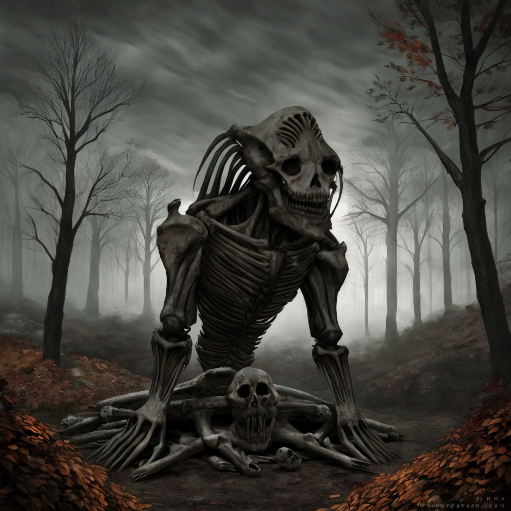 detailed autumn forest scene, silhouetted figure in fallen leaves and bones, chiaroscuro lighting, ominous atmosphere, dark tones, cinematic composition, detailed textures, dramatic shadows and highlights, eerie and unsettling, photorealistic, masterpiece, 8k, extremely detailed, horror, extremely detailed bones and monster remains