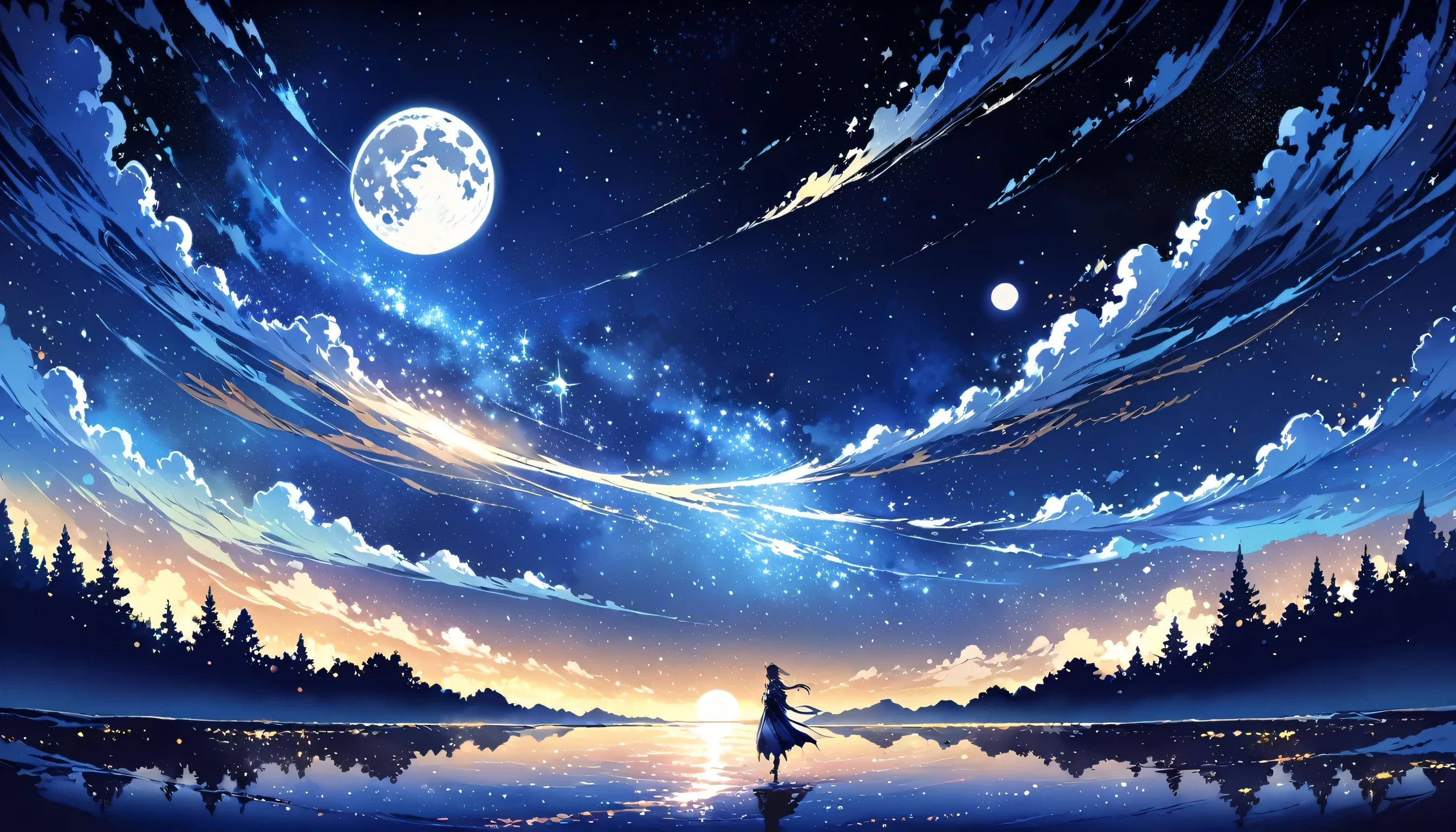 A painting of rivers, stars and moon shining together, Concept art inspired by Tosa Mitsuka, Pixiv competition winner, best quality, Fantasy Art, Beautiful anime scene, Full Moon, Starry Sky environment in the moonlight, dream, Anime Background art, Dream landscape painting, What a wonderful night, Anime Background, Background artwork, Great Art, Atmosphere Animation, Starry Sky, Detail Enhancement.  