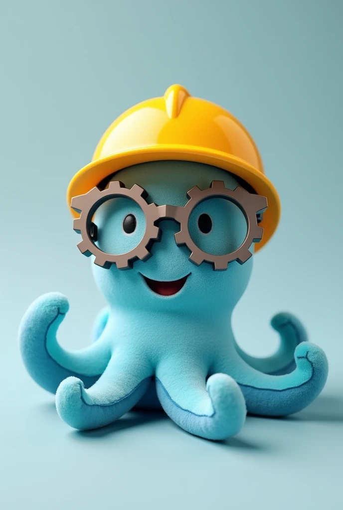 A plush octopus in blue, wearing gear-shaped glasses, with gentle eyes that convey joy, and sporting a yellow construction helmet.