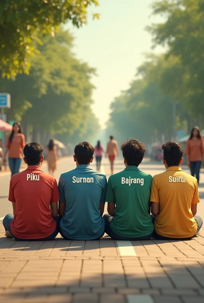Boys friends are sitting and looking at 2 girls who were walking on the road Their names Ujwalla, Supriya printed on shirt and boys are laughing in a half moon and other time of a days and their names are Piku, Suman, Bajrang, printed on their shirt that show name clearly