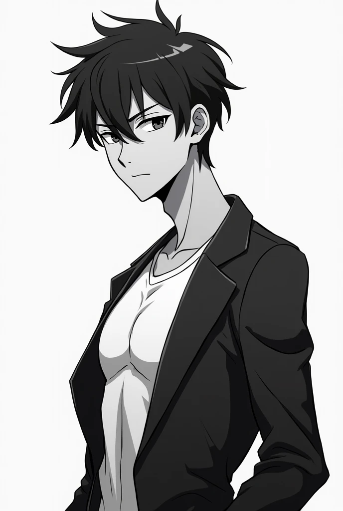 create an avatar for me with bust, 2d anime male, simple basic, black and white