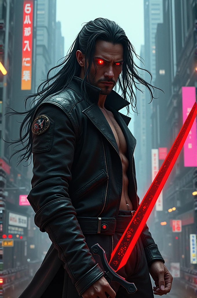 Male cyberpunk longhair black hair red eye hold sword
