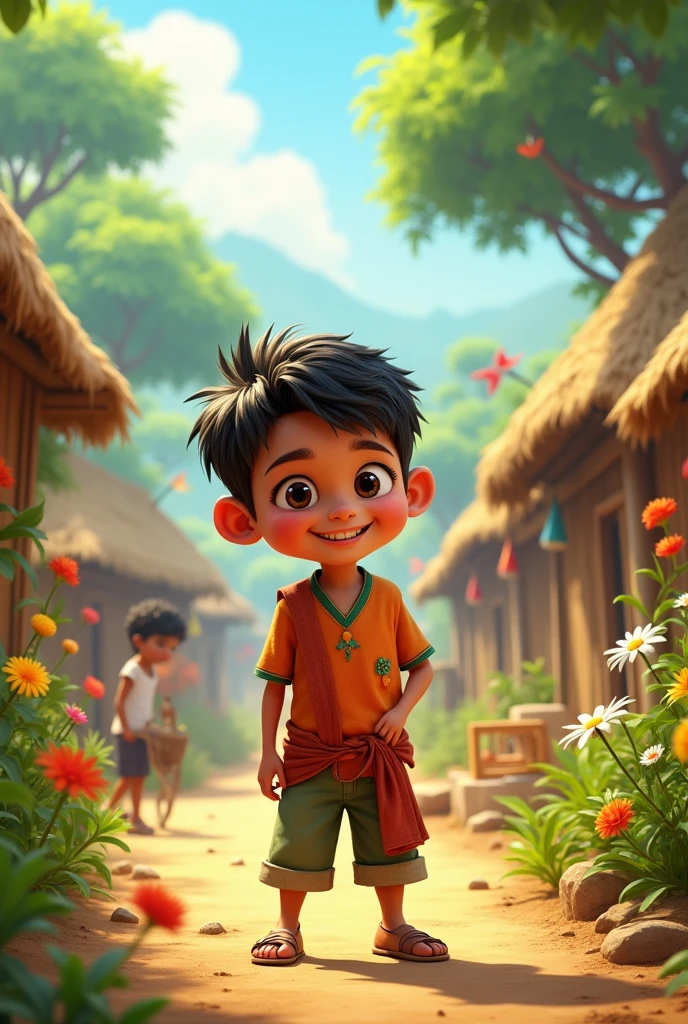 Image Prompt: "A cheerful young boy named Sonu standing in a small, vibrant village, with thatched huts and greenery around."