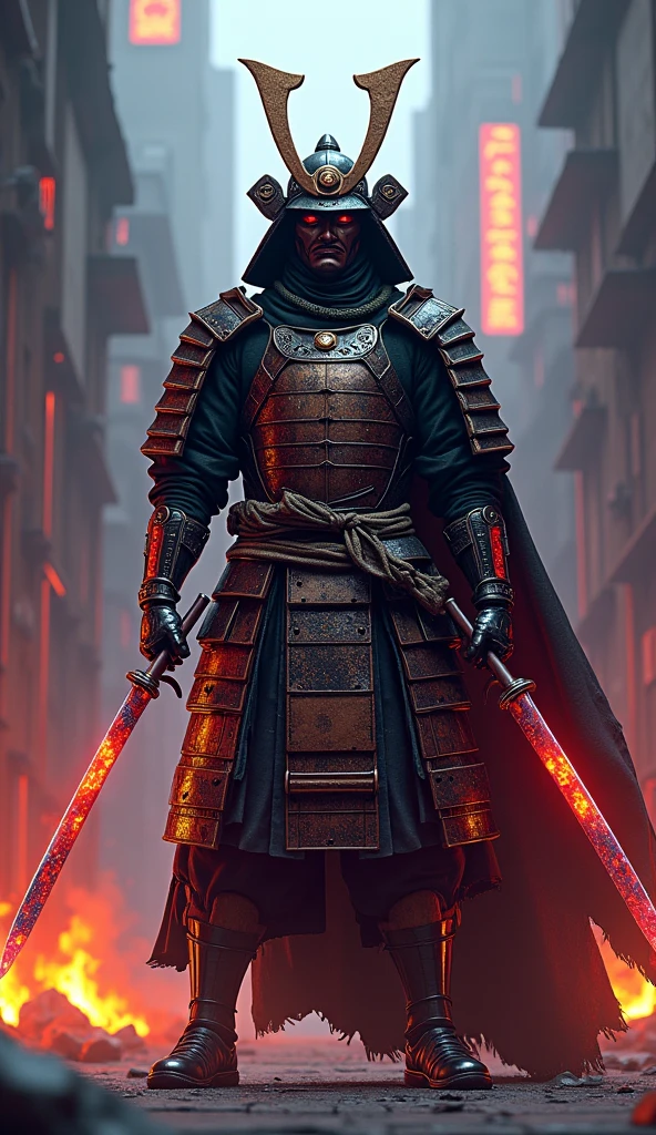 immortal cool samurai from the 10th century, gear mechanism, cool (armor, armor, helmet), shining iridescent Japanese swords in both hands, artistic, hyper, graphic CG digital fantasy artwork, background ruins, flames, neon lines