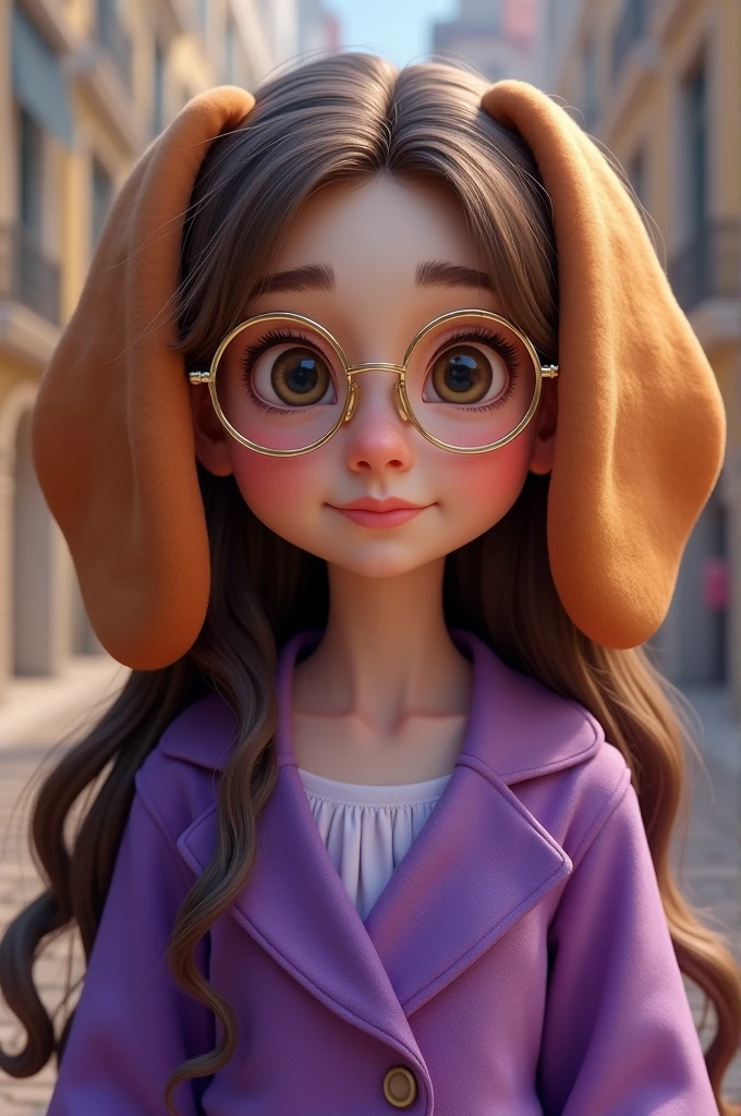 A young girl with long floppy dog ears that hang down to her chest is the focal point of the scene. She is adorned in a vibrant purple outfit that contrasts beautifully with her surroundings. Her eyes, peering through gold round glasses, exude curiosity and warmth. Long brown wavy hair cascades down her back, adding a touch of elegance to her playful appearance.