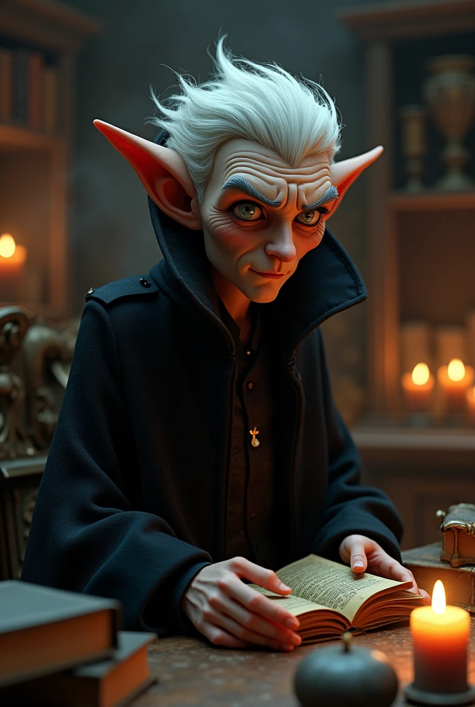 Create a highly detailed 3D Pixar-style character of a mysterious guardian of secrets. The character is of indeterminate age, with timeless, enigmatic features. They are dressed in a dark, elegant coat, with piercing eyes that seem to see into the soul. They hold an ancient book or a key, symbolizing the secrets they protect. The setting is a dimly lit room filled with old books, candles, and mystical artifacts. The overall atmosphere should be mysterious and captivating, drawing viewers in with a sense of intrigue and anticipation.