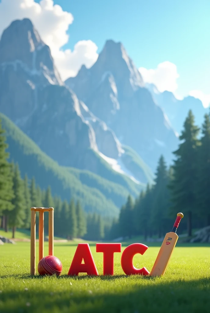 Create a picture of a cricket ground with mountains behind and only stumps bat and ball in the ground and written colourfull A T C in 3D form on the ground pitch.