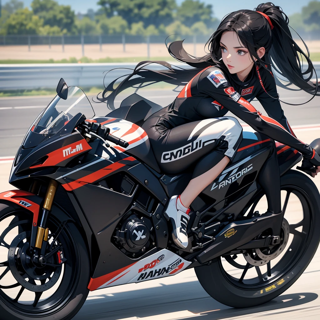 A beautiful female racer wearing a racing suit, with long black hair, is riding a motorcycle, racing on a racetrack. There are many spectators sitting around watching the race, sunshine, close up.