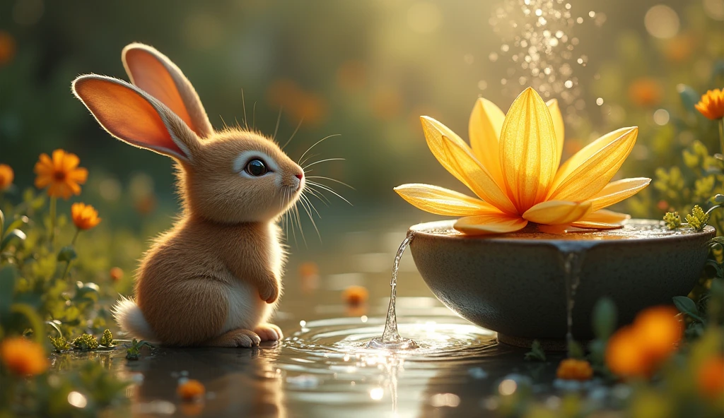 A small, adventurous rabbit named Max, Max close to the fountain, gazing thoughtfully into the sparkling water. The golden flower is nearby, gently explaining the importance of a wish from the heart. The scene is calm and serene, with Max deep in contemplation.