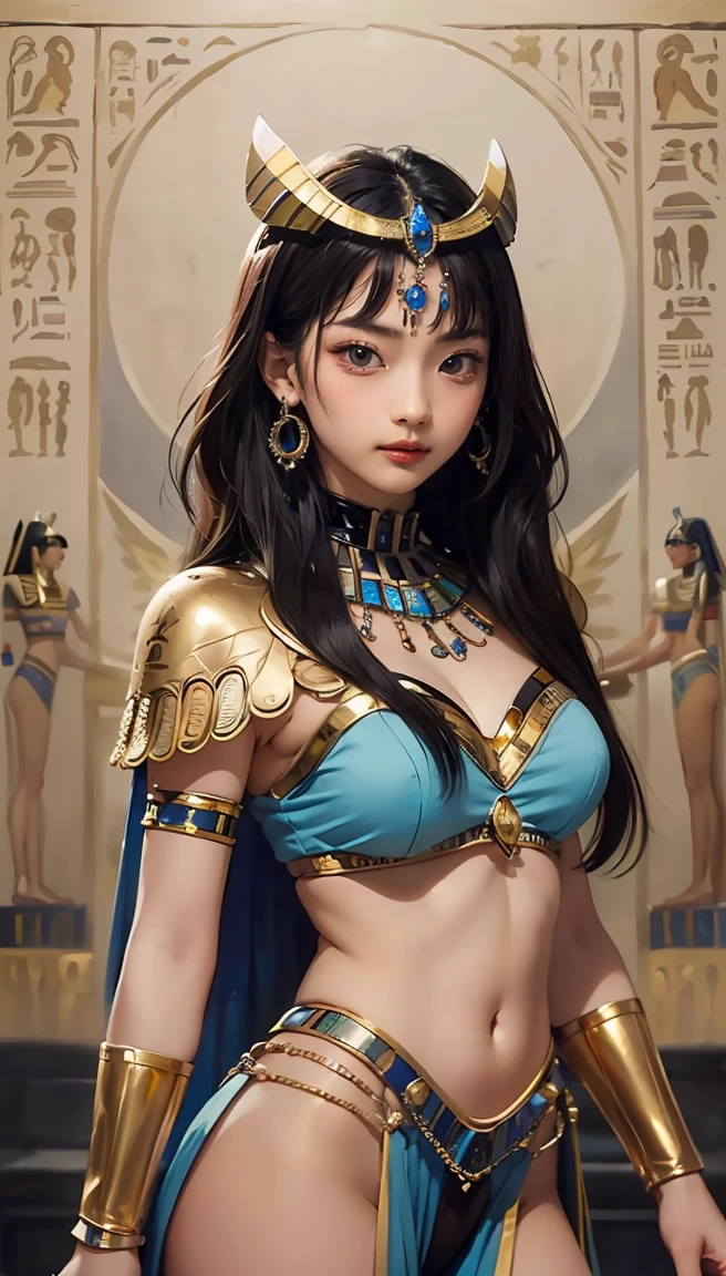 ((Frank Frazetta oil painting)),Queen Cleopatra, beautiful Egyptian woman, beautiful black eyes、Egyptian woman smiling, (Glossy Egyptian jewelry, perfect body:1.4,(Highest quality、8ก、32K、Masterpiece)、high definition, ((Bangs and ancient Egyptian hairstyles)), Black hair with thick bangs on the forehead., (cowboy shoot), depth of field, cinematic light effect、The body is muscular., Caramel skin glistening with oil and sweat., ((Egyptian Witch)), ((wearing insanely detailed blue and gold ancient Egyptian Witch outfit)), ((Elegant blue and gold Egyptian headdress.)), Inside the ancient Egyptian palace, no