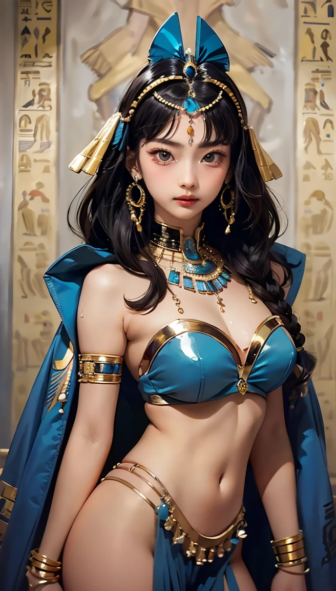 ((Frank Frazetta oil painting)),Queen Cleopatra, beautiful Egyptian woman, beautiful black eyes、Egyptian woman smiling, (Glossy Egyptian jewelry, perfect body:1.4,(Highest quality、8ก、32K、Masterpiece)、high definition, ((Bangs and ancient Egyptian hairstyles)), Black hair with thick bangs on the forehead., (cowboy shoot), depth of field, cinematic light effect、The body is muscular., Caramel skin glistening with oil and sweat., ((Egyptian Witch)), ((wearing insanely detailed blue and gold ancient Egyptian Witch outfit)), ((Elegant blue and gold Egyptian headdress.)), Inside the ancient Egyptian palace, no