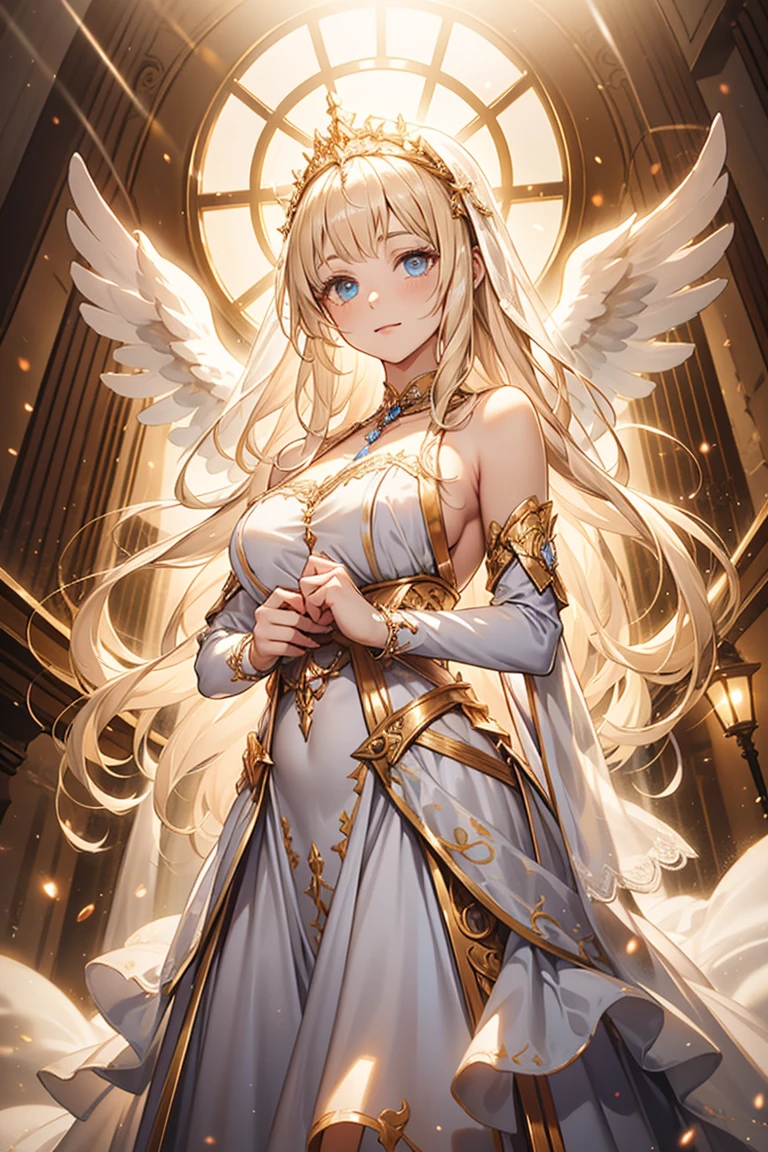 Teenage Girl，Fantasy World Princess，obsessed，Full Breasts，（Angel Wings），in love，sacred，(And the White Princess Dress:1.3)，Blonde hair and blue eyes，Blue eyes，Great Sword，holy sword，Super super details，Ruffles，大量Lace，(There are stripes on the clothes:1.2)，(Dress nicely:1.1)，(Layered Skirt),Sheer and transparent clothing，Beautiful and delicate face，Movie Lighting，night，The only person，Lace,(shine:1.2), (Best quality), (masterpiece:1.2),sparkling gemstones