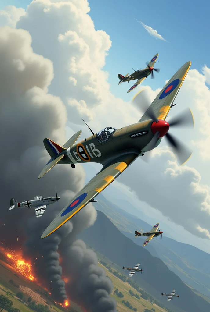 Create an ilustration in landscape position
with dimensions of 210mm x 90mm depicting an aerial battle during World War II. In the center of the scene, show a British Spitfire fighter plane, with its distinctive markings and camouflage, performing an agile and bold maneuver while engaging several German Bf-109 fighter planes. The Bf-109s should be in attacking positions, with their typical Luftwaffe colors and markings.
The sky should be dramatic, with clouds of smoke and tracer fire to indicate the intensity of the aerial combat. Include details like explosions and debris in the background to emphasize the ferocity of the battle. The setting can be a European landscape, such as a cloudy sky or a mountainous region in the distance. Make sure to capture the sense of speed and tension, with the planes in dynamic positions and the atmosphere charged with action and urgency.