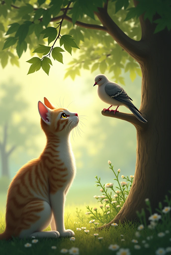 A cat looking at a dove which is sitting on tree
