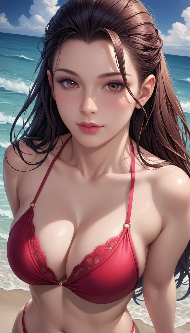 score_9, score_8_superior, score_7_superior, High-resolution CG illustration,A masterpiece in 32K resolution,Highest quality,it is really amazing,Very detailed,Ultra-high resolution,Ultra-realistic,Realistic,Increased depth of field,Cinematic lighting,
Sexy mature Japan woman,
Straight long hair with black hair,Showing his forehead,Ultra-detailed and beautiful face,Calm and gentle look,Beautiful brown eyes,Glossy, moisturized skin,Translucent white skin,Realistic skin texture,Great proportions,
Elegant red swimsuit,
Simple design,Chic color scheme based on red,Detailed fabric texture,
(Dark overcast sky on a dull night:1.1),(Dark clouds filling the sky:1.1),Thundercloud,Coastline at night,Stormy seas,delay々A desolate sandy beach that continues,
(Beautiful cleavage:1.1),(High angle:1.1),