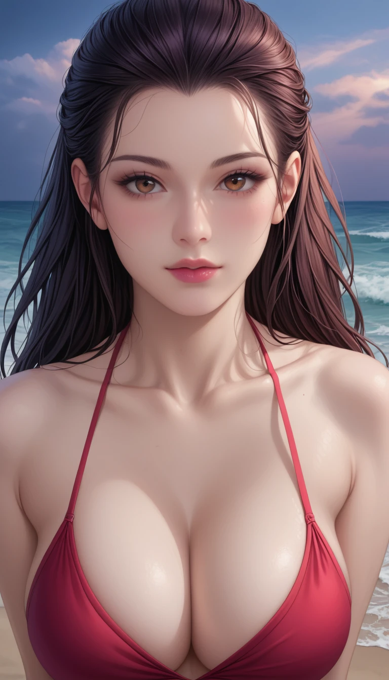 score_9, score_8_superior, score_7_superior, High-resolution CG illustration,A masterpiece in 32K resolution,Highest quality,it is really amazing,Very detailed,Ultra-high resolution,Ultra-realistic,Realistic,Increased depth of field,Cinematic lighting,
Sexy mature Japan woman,
Straight long hair with black hair,Showing his forehead,Ultra-detailed and beautiful face,Calm and gentle look,Beautiful brown eyes,Glossy, moisturized skin,Translucent white skin,Realistic skin texture,Great proportions,
Elegant red swimsuit,
Simple design,Chic color scheme based on red,Detailed fabric texture,
(Dark overcast sky on a dull night:1.1),(Dark clouds filling the sky:1.1),Thundercloud,Coastline at night,Stormy seas,delay々A desolate sandy beach that continues,
(Beautiful cleavage:1.1),(High angle:1.1),