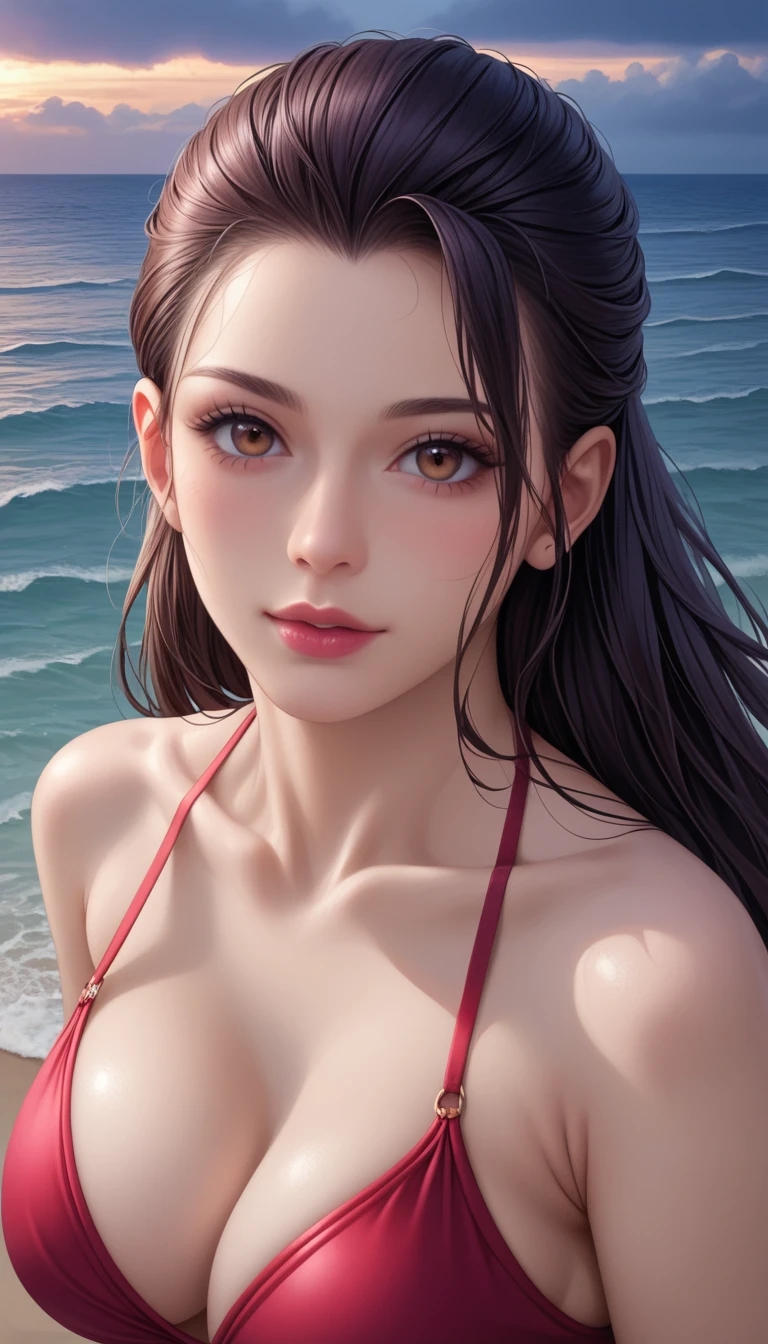 score_9, score_8_superior, score_7_superior, High-resolution CG illustration,A masterpiece in 32K resolution,Highest quality,it is really amazing,Very detailed,Ultra-high resolution,Ultra-realistic,Realistic,Increased depth of field,Cinematic lighting,
Sexy mature Japan woman,
Straight long hair with black hair,Showing his forehead,Ultra-detailed and beautiful face,Calm and gentle look,Beautiful brown eyes,Glossy, moisturized skin,Translucent white skin,Realistic skin texture,Great proportions,
Elegant red swimsuit,
Simple design,Chic color scheme based on red,Detailed fabric texture,
(Dark overcast sky on a dull night:1.1),(Dark clouds filling the sky:1.1),Thundercloud,Coastline at night,Stormy seas,delay々A desolate sandy beach that continues,
(Beautiful cleavage:1.1),(High angle:1.1),