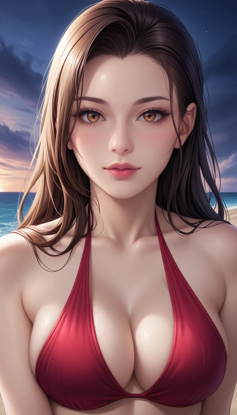 score_9, score_8_superior, score_7_superior, High-resolution CG illustration,A masterpiece in 32K resolution,Highest quality,it is really amazing,Very detailed,Ultra-high resolution,Ultra-realistic,Realistic,Increased depth of field,Cinematic lighting,
Sexy mature Japan woman,
Straight long hair with black hair,Showing his forehead,Ultra-detailed and beautiful face,Calm and gentle look,Beautiful brown eyes,Glossy, moisturized skin,Translucent white skin,Realistic skin texture,Great proportions,
Elegant red swimsuit,
Simple design,Chic color scheme based on red,Detailed fabric texture,
(Dark overcast sky on a dull night:1.1),(Dark clouds filling the sky:1.1),Thundercloud,Coastline at night,Stormy seas,delay々A desolate sandy beach that continues,
(Beautiful cleavage:1.1),(High angle:1.1),