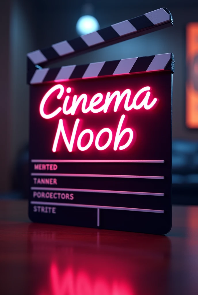 Movie clapperboard with title "Cinema Noob" in vintage style neon 