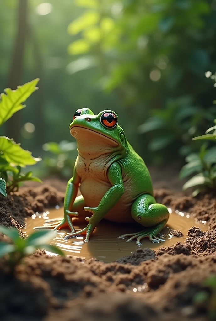 can you draw me a picture of a mud puddle turning into a frog