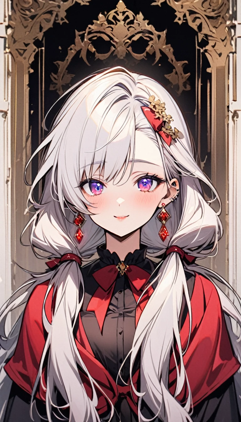 girl, mature, white hair, diamond earings, long hair, low twin tails, red bow on hair, two color eyes, blue right eye, purple left eye, adult. front face, beautiful, cute