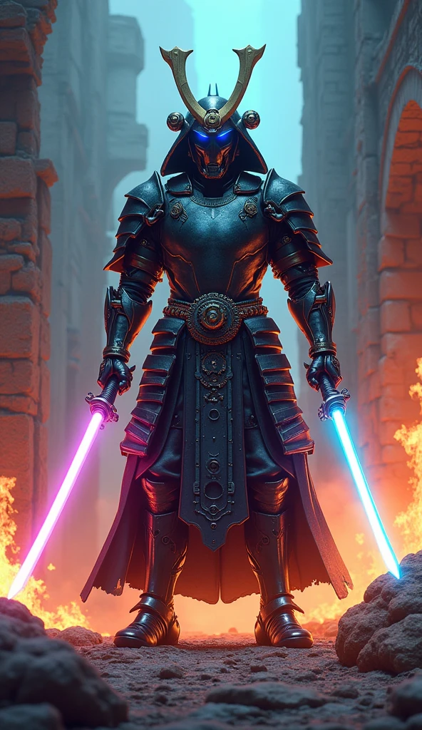 immortal cool samurai from the 10th century, gear mechanism, cool (armor, armor, helmet), shining iridescent Japanese swords in both hands, artistic, hyper, graphic CG digital fantasy artwork, background ruins, flames, neon lines