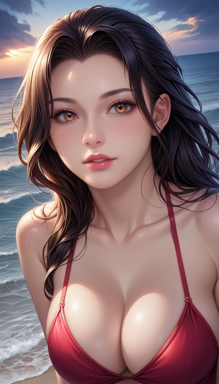 score_9, score_8_superior, score_7_superior, High-resolution CG illustration,A masterpiece in 32K resolution,Highest quality,it is really amazing,Very detailed,Ultra-high resolution,Ultra-realistic,Realistic,Increased depth of field,Cinematic lighting,
Sexy mature Japan woman,
Straight long hair with black hair,Showing his forehead,Ultra-detailed and beautiful face,Calm and gentle look,Beautiful brown eyes,Glossy, moisturized skin,Translucent white skin,Realistic skin texture,Great proportions,
Elegant red swimsuit,
Simple design,Chic color scheme based on red,Detailed fabric texture,
(Dark overcast sky on a dull night:1.1),(Dark clouds filling the sky:1.1),Thundercloud,Coastline at night,Stormy seas,delay々A desolate sandy beach that continues,
(Beautiful cleavage:1.1),(High angle:1.1),