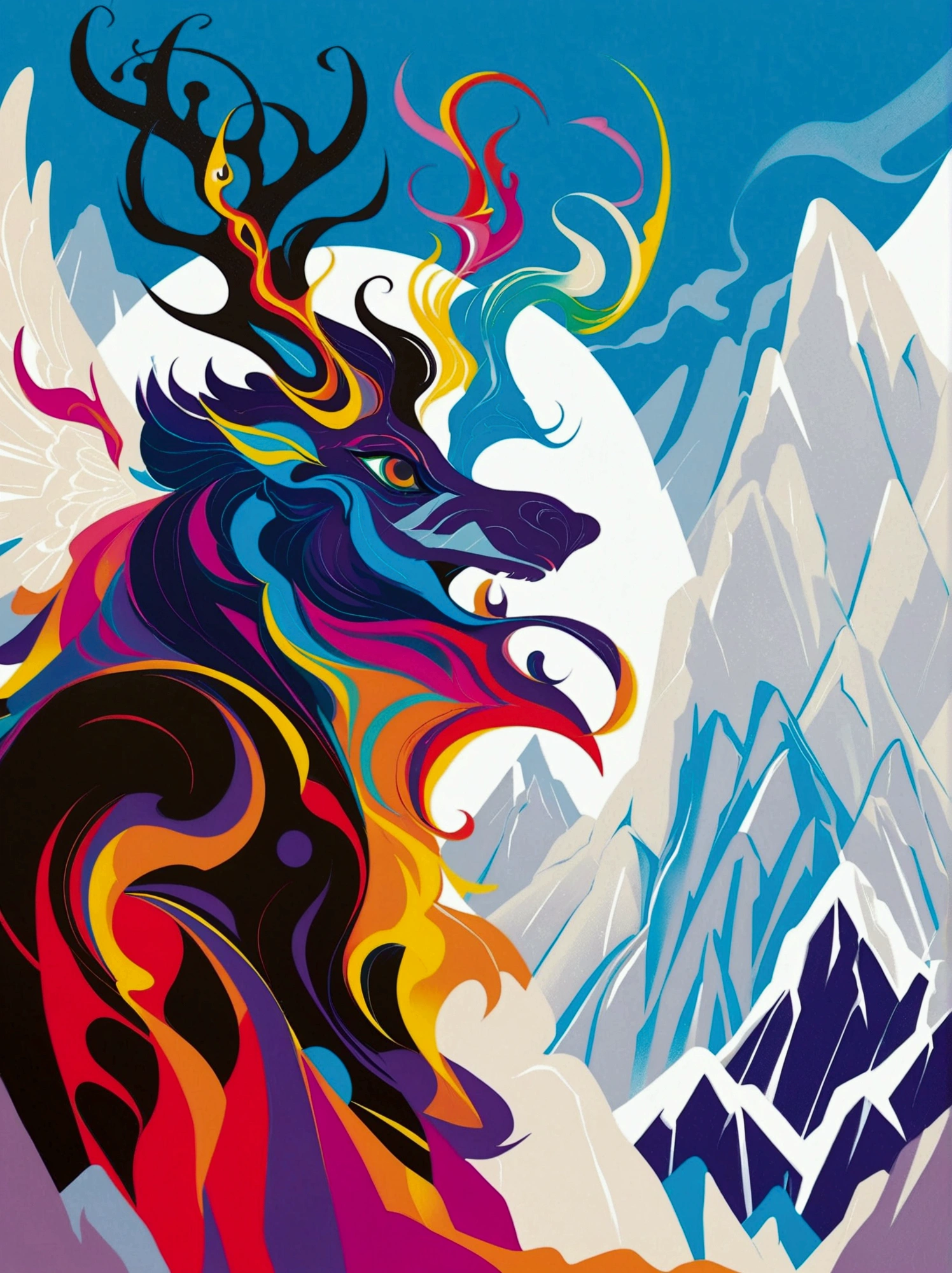 (negative space:1.5), a Mountains, colorful cartoon-style illustration from an award winning animated movie, illustrated in bold outlines, showcasing its colors and shapes. The character is depicted adorned colorful energy against a white background, mythical creature 