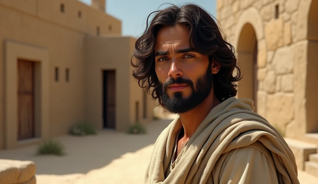 Create an image of Jesus' Beloved Disciple with typical first-century Jewish characteristics. He must have a young and serene appearance, with dark, wavy hair and beard, wearing simple clothes typical of the time, like a linen tunic and a cloak. The background could be a Middle Eastern landscape., with subtle details that refer to biblical times, like stone architecture and arid vegetation."