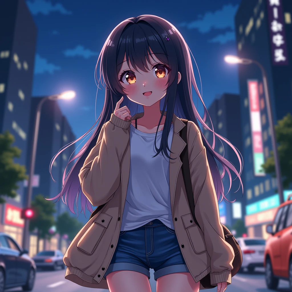 you would generate me an image of a smiling anime girl with metropolis background at night summer clothing