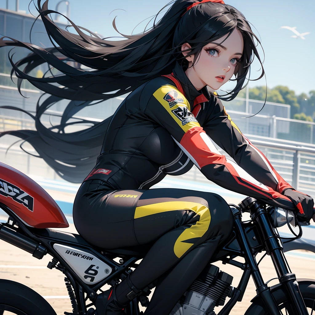 A beautiful female racer wearing a racing suit, with long black hair, is riding a motorcycle, racing on a racetrack. There are many spectators sitting around watching the race, daytime, close up.