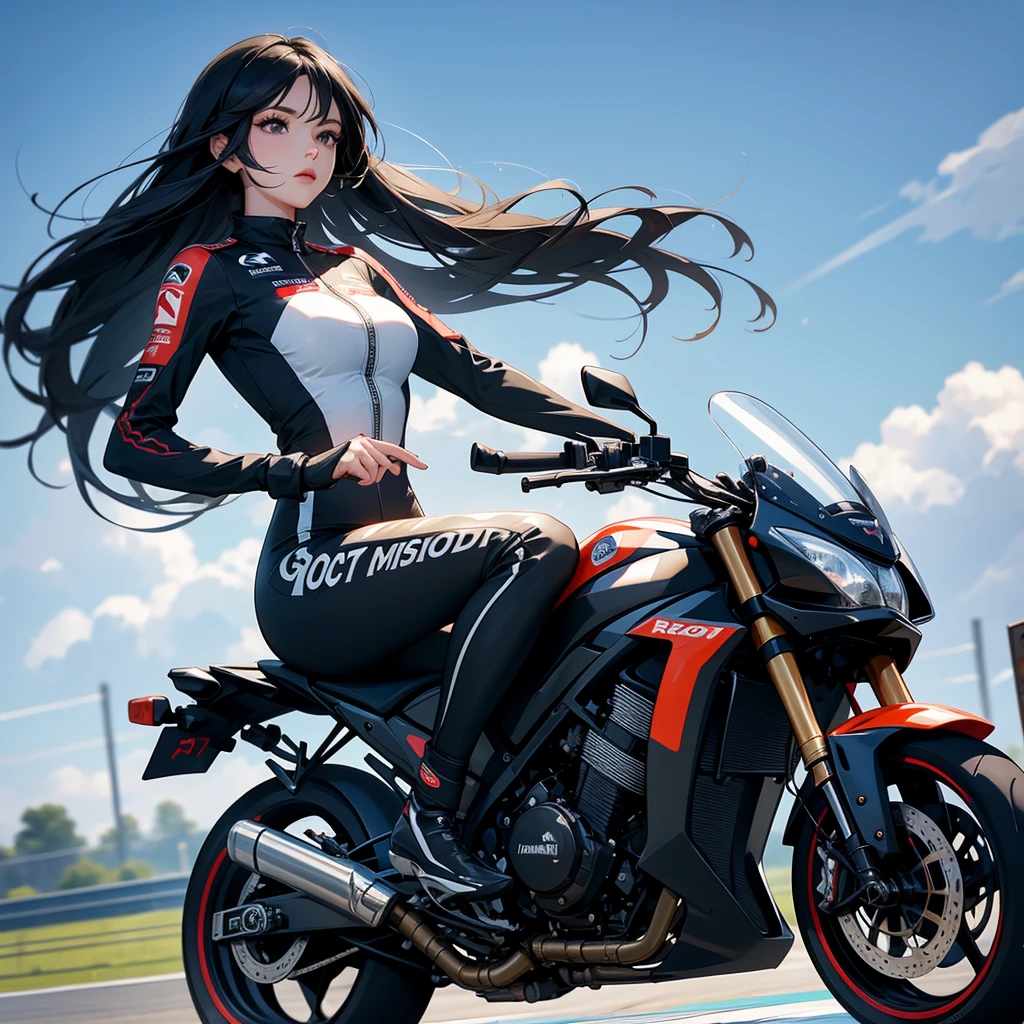 A beautiful female racer wearing a racing suit, with long black hair, is riding a motorcycle, racing on a racetrack. There are many spectators sitting around watching the race, daytime, close up.