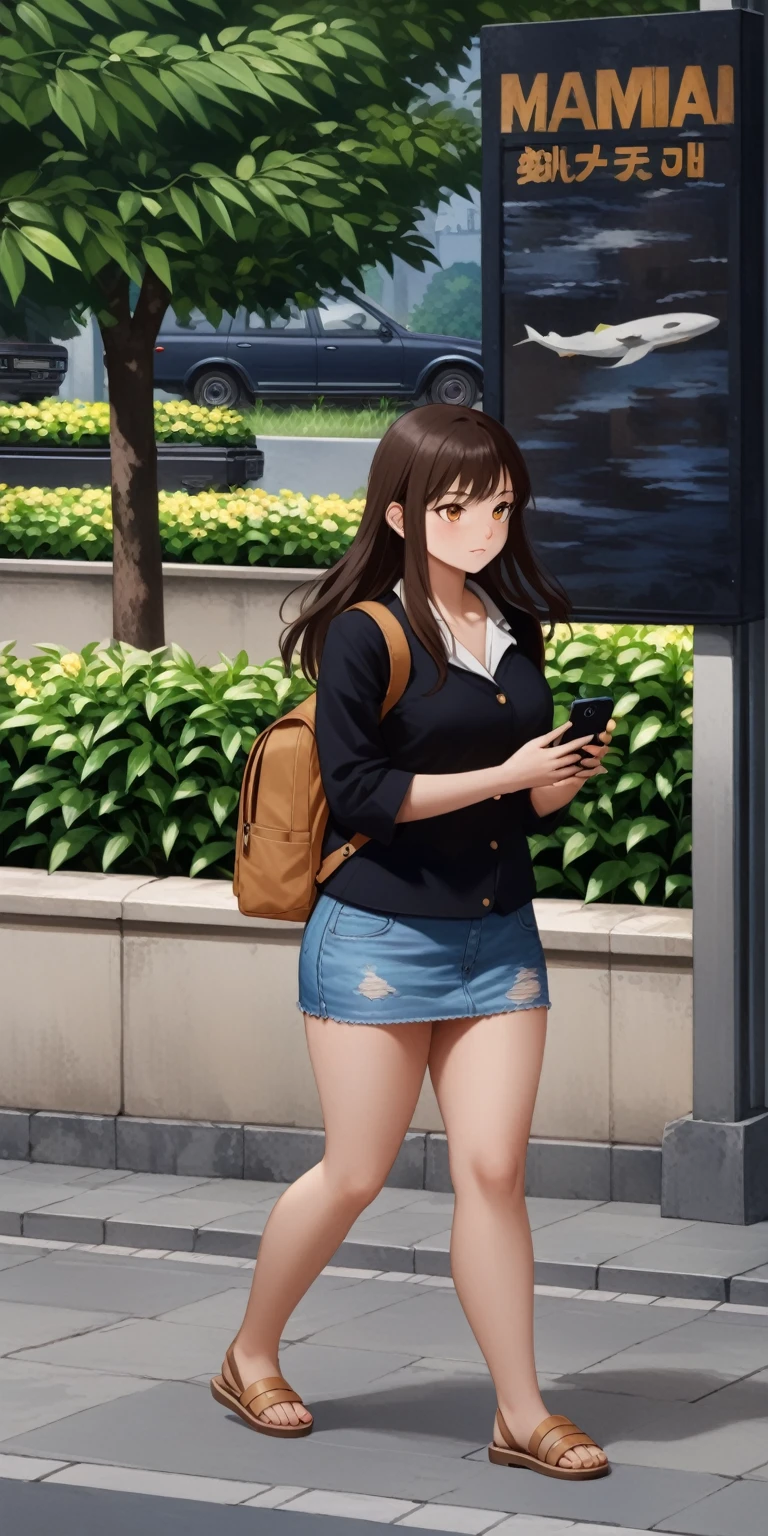 realistic anime illustration of beautiful young slender girl walking and holding a smartphone along the way to her campus, she is carrying orange-brown backpack, she has dark brown long hair, wears black 1/2 sleeve blazer outer, white collared buttoned shirt inside, dark-blue denim pencil mini skirt, and khaki sandals, (1girl, solo, full body), (masterpiece, best quality, japanese anime style), (expressive eyes, perfect face)