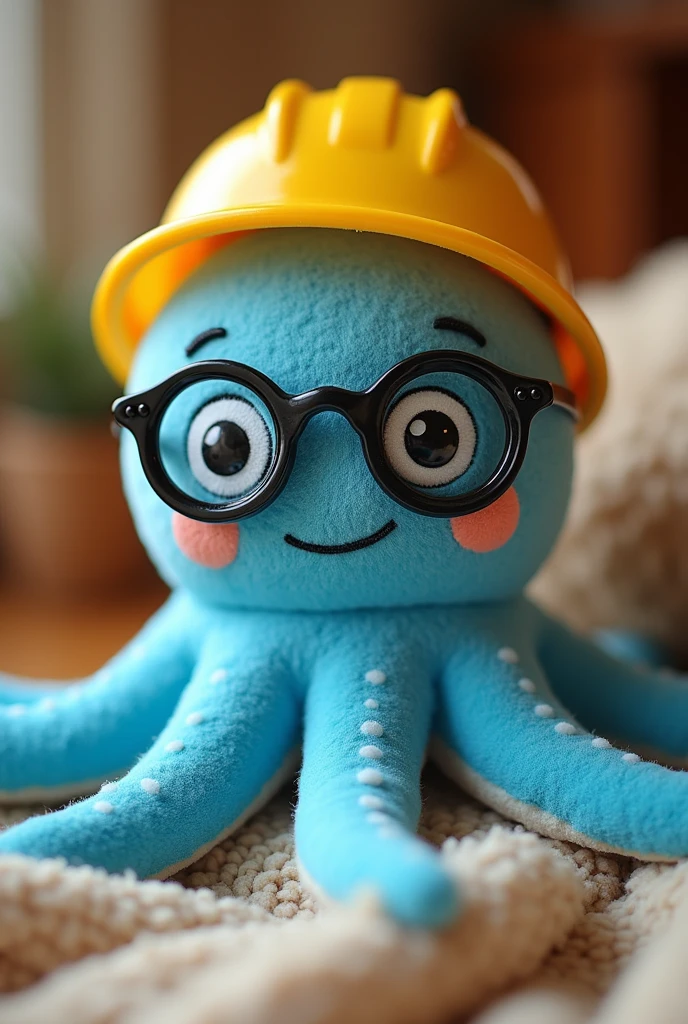 A beautiful and well-made plush octopus in blue, wearing gear-shaped glasses with delicate details, with kind eyes that convey joy and sympathy, and sporting a yellow construction helmet.
