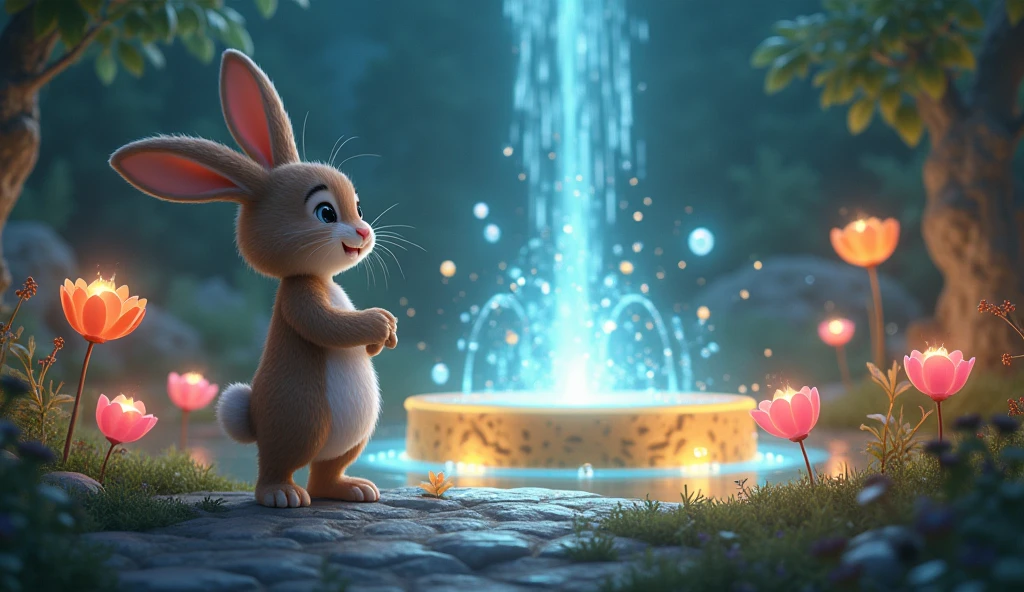 A small, adventurous rabbit named Max, The fountain glowing brightly, with the water dancing joyfully. The flowers around the fountain start to sing, their voices rising up toward the sky. Max stands before the fountain, looking content and peaceful, his wish spoken from the heart.