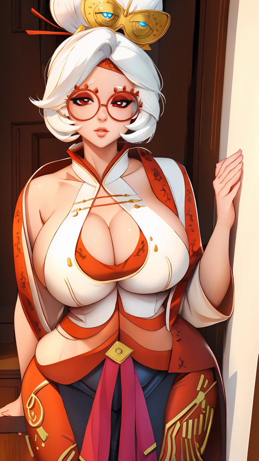 ((masterpiece)), ((best quality)), (detailed), perfect, solo, purah, gorgeous woman with cleavage, luscious lips, white hair, huge breast, deep cleavage, huge breasts, sexy,