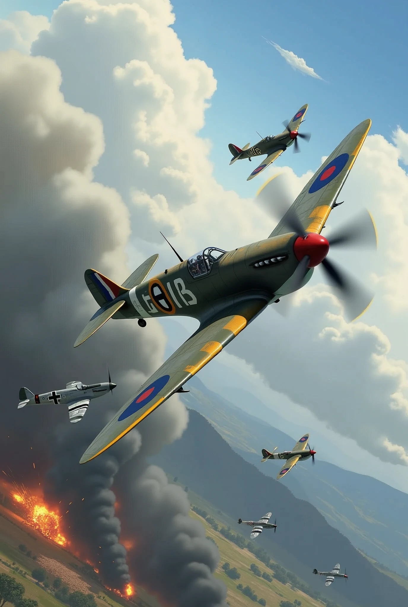Create an ilustration in landscape position
 with dimensions of 210mm x 90mm depicting an aerial battle during World War II. In the center of the scene, show a British Spitfire fighter plane, with its distinctive markings and camouflage, performing an agile and bold maneuver while engaging several German Bf-109 fighter planes. The Bf-109s should be in attacking positions, with their typical Luftwaffe colors and markings.

The sky should be dramatic, with clouds of smoke and tracer fire to indicate the intensity of the aerial combat. Include details like explosions and debris in the background to emphasize the ferocity of the battle. The setting can be a European landscape, such as a cloudy sky or a mountainous region in the distance. Make sure to capture the sense of speed and tension, with the planes in dynamic positions and the atmosphere charged with action and urgency.