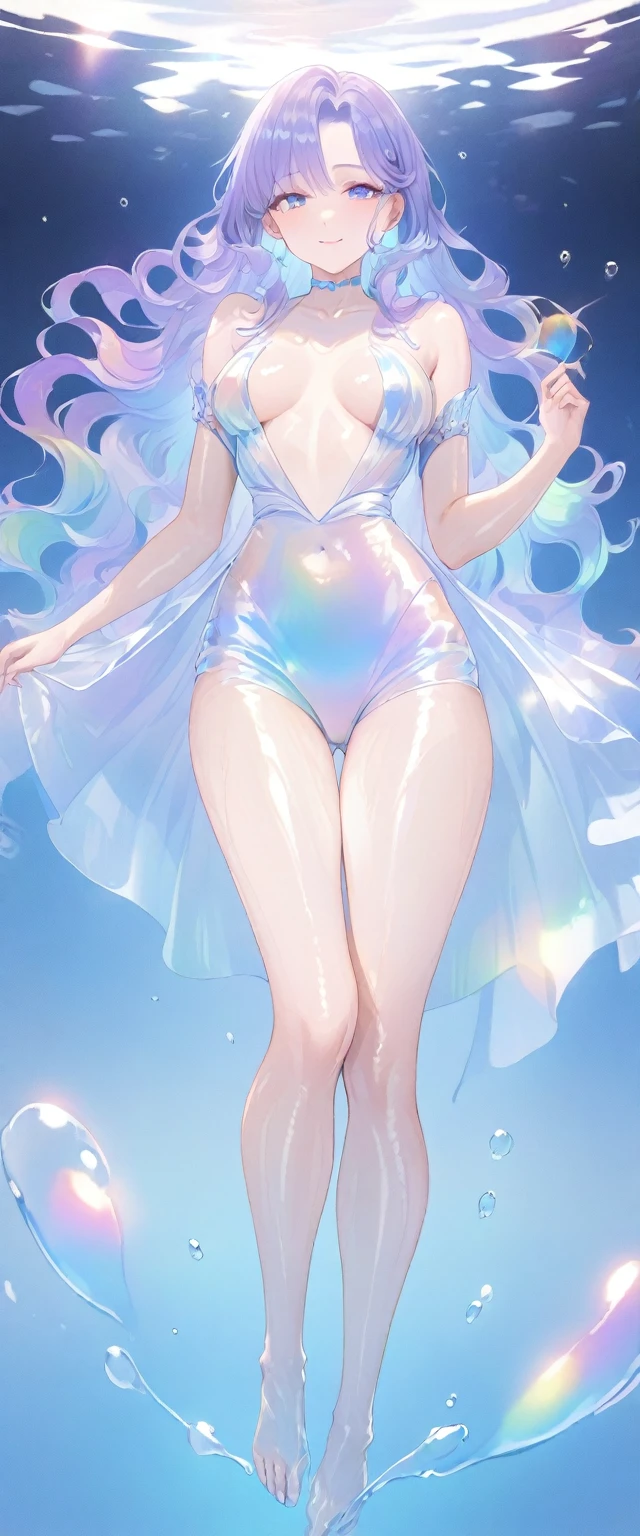 (Super detailed, 8K, best quality, ultra detailed, masterpiece), deep underwater, Lots of bubbles, blue-Paleblue gradient coloed water, nice, bright, Light shines through the water, Beautiful and mysterious teenage girl with a sweet smile and holding her thighs and pointing up on one toe, drifting in deep water, The girl is tall and medium bust,sparkling dark blue eyes, Her long rainbow-colored hime-cut hair is flowing, shiny glossy iridescent clothes, shiny reflective clothes, pastel, lens Flare, soft gradient　