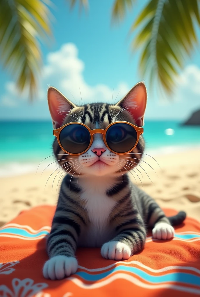 Voici une description pour une image générée :
Un chat tigré foncé à poils courts, avec le torse et les deux pattes avant de couleur blanche, est allongé sur une serviette de bain sur une plage paradisiaque. Le chat prend un selfie avec une expression exagérée de "bouche en cul de poule", comme s'il posait pour une photo amusante. Il porte des lunettes de soleil de style star, reflétant le ciel bleu et la mer turquoise à l'arrière-plan. La serviette de bain est colorée et se trouve sur un sable doré, avec des palmiers et un océan en arrière-plan, renforçant l’ambiance de vacances.